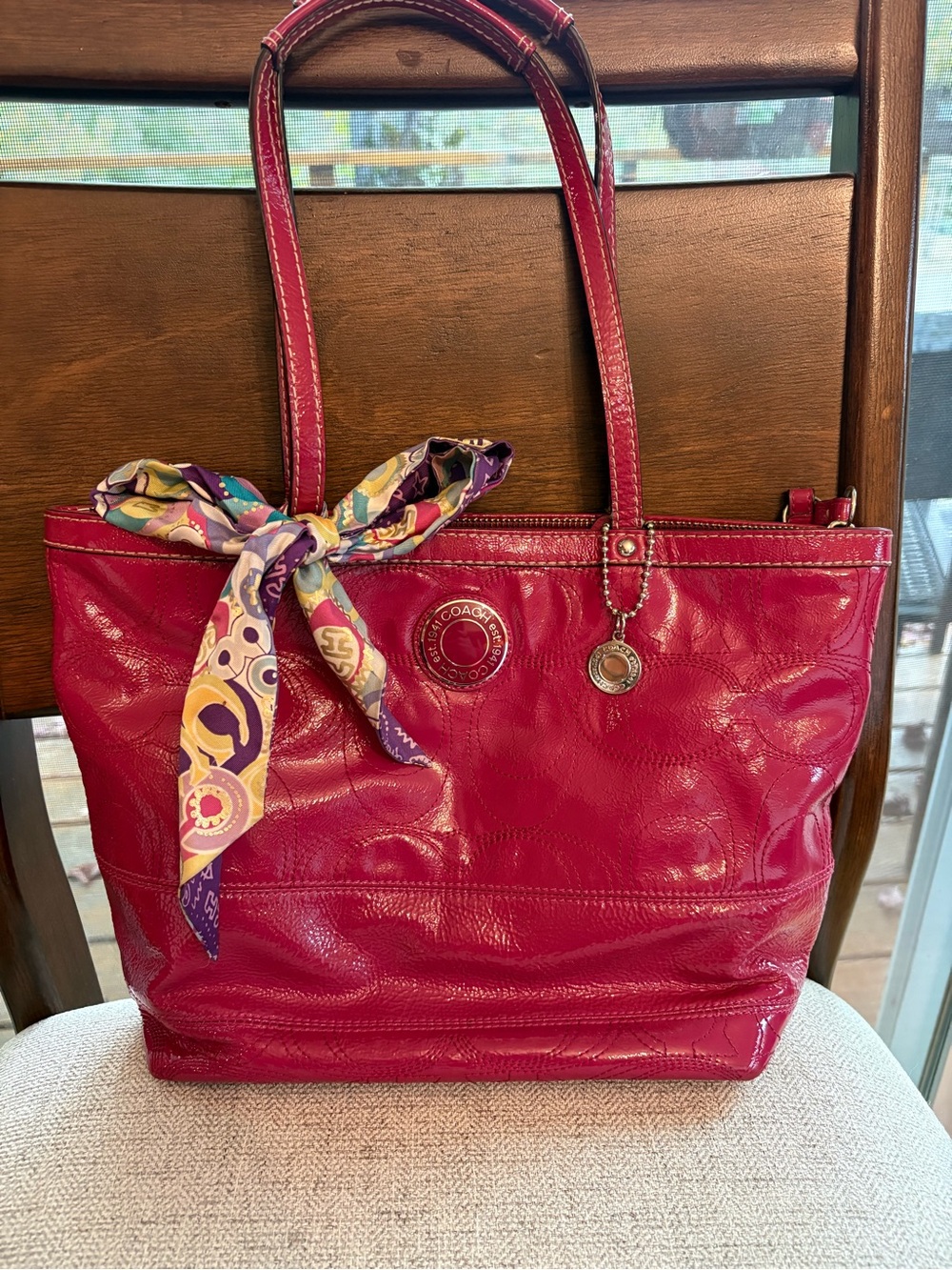 Coach Patent Leather Tote in Raspberry Pink with Scarf Accent